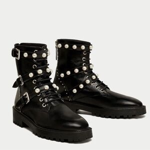 Zara Pearl embellished black biker ankle boots, size 6, NWT